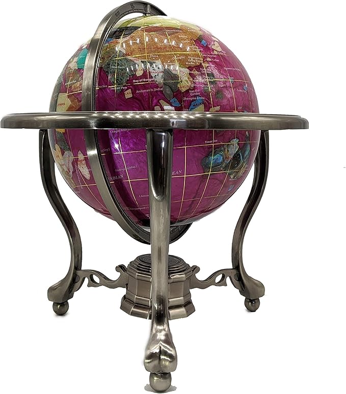 Limited Edition! Unique Art Since 1996 Pink Pearl Swirl Table Top Gemstone World Globe with Tripod Silver Zinc Alloy Stand (220MM/9 INCHES/PINK PEARL)