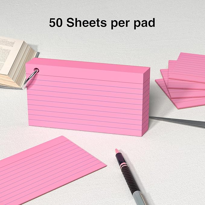 250 Count Pink Index Cards 3x5 Inch with Key Ring, Color Flash Index Card (50 Sheets Each), Durable & Portable Note Taking for Students, Teachers, Study Note Cards for Office Home School