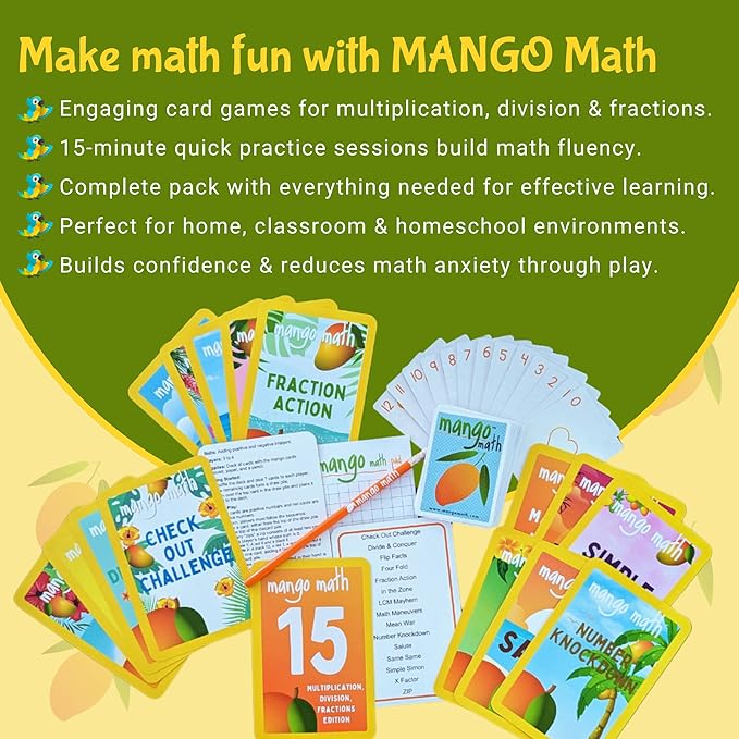 MANGO Math 15 Pack - Math Flash Cards - Educational Math Games for Kids - Multiplication, Division, Fractions Games & Learning Kit -2nd 3rd 4th Grades - Kids 6-12 - Set of 15 Games - English Version