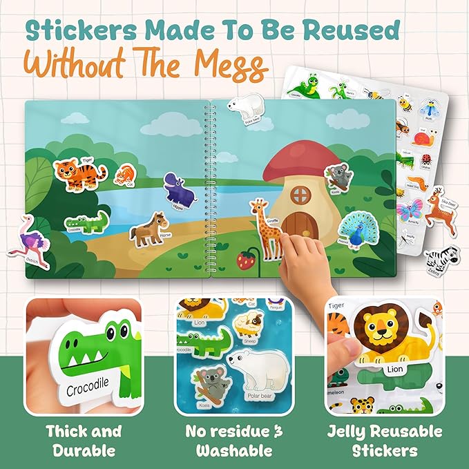 Excool Jelly Stickers for Toddlers - Waterproof Reusable Sticker Book for Kids, Easy to Clean Removable Animal Stickers for Kids, Reusable Sticker Books for Toddlers