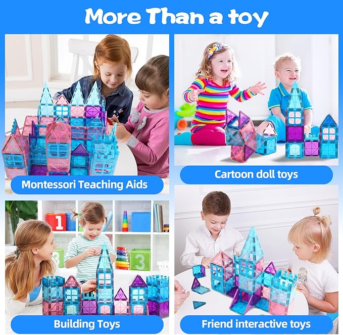 Magnetic Tiles Building Blocks for 3 4 5 6 7 8+ Years Old Boys Girls Colorful Magnet Stacking Toys Birthday Gift for Toddlers STEM Preschool Educational Construction Tiles Set for Kids (Blue)