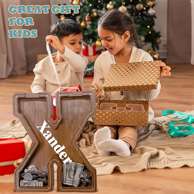 Wooden Letter Piggy Bank for Kids Larger Letter Piggy Bank for Boys and Girls Personalized Piggy Bank Initial Coin Bank Wood Kids Money Bank for Birthday and Festival