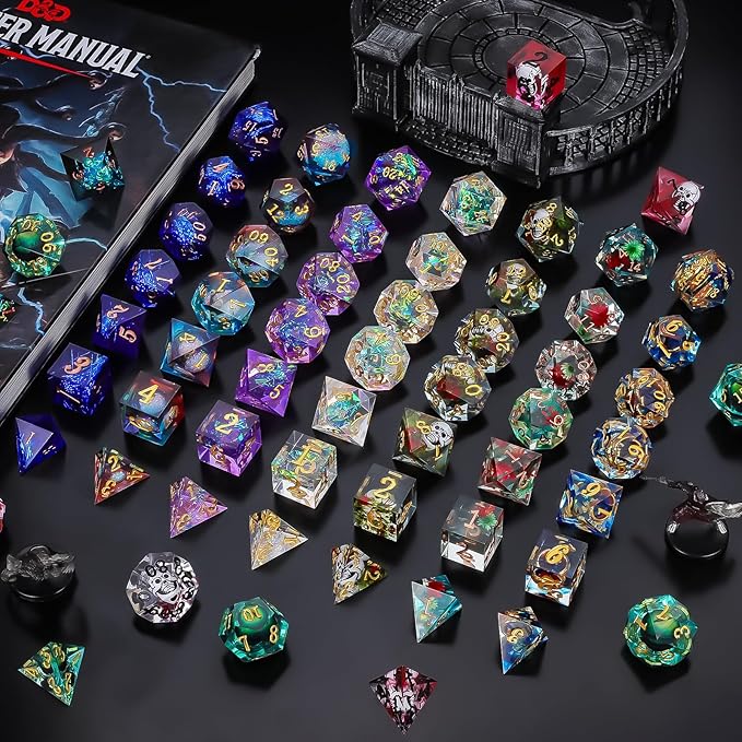 QMAY Resin Mystery Dice Set, 7 Pcs Handmade Sharp Edge Polyhedral Dice, Random Various Styles DND Dice & Dice Bag, DND Gifts, Suitable for Dungeons and Dragons, RPG, MTG,Role Playing Table Game