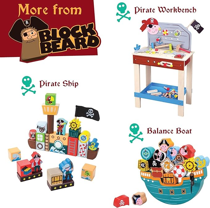 Imagination Generation Wooden Wonders Balancing Playset | Develops Dexterity, Motor Skills, Sharing Skills | Safe Wood & Paint | 18 PC Pirate Boat Playset