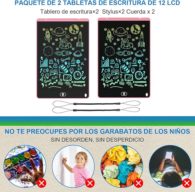 2 Pack 12 Inch LCD Writing Tablet for Kids, Colorful Doodle Board, Eye Protection Drawing Tablet with Lock & Erase FUNC, Learning Gifts and Trip Toy for 3-8 Years Old Boys and Girls - Pink