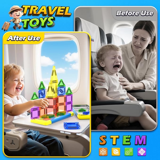 Mini Magnetic Tiles Travel Toddler Toys with Metal Tin Portable STEM Building Kids Toys for 3 4 5 6 7 8+ Years Old Boys & Girls & Birthday Gifts