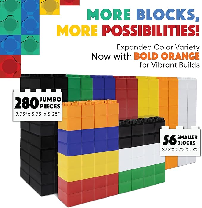 BiggoBlocks Large Building Blocks for Kids Ages 3-8 – 336 Piece Mega Set – Indoor & Outdoor STEM Toy for Boys & Girls