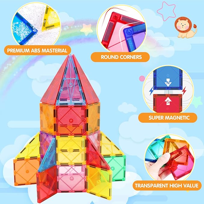 Magnetic Tiles Building Blocks for 3 4 5 6 7 8+ Years Old Boys Girls Colorful Magnet Stacking Toys Birthday Gift for Toddlers STEM Preschool Educational Construction Tiles Set