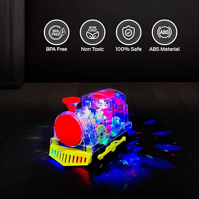 Light up Baby Train Toy - Transparent Gear Musical Train with LED Lights & Music - Educational Sensory Crawling Toys for Infants and Toddlers for Boys & Girls