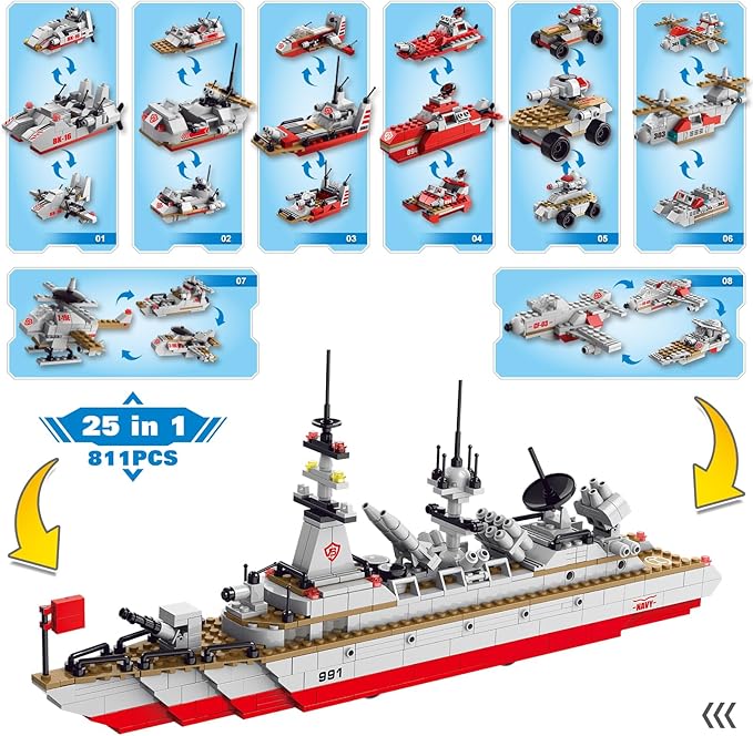Sitodier STEM 811pcs Construction 25 in 1 Cruiser Ocean Ship Building Toy for 6+ Boys | 25 Models Engineering Building Bricks Kit for Ages 6-12