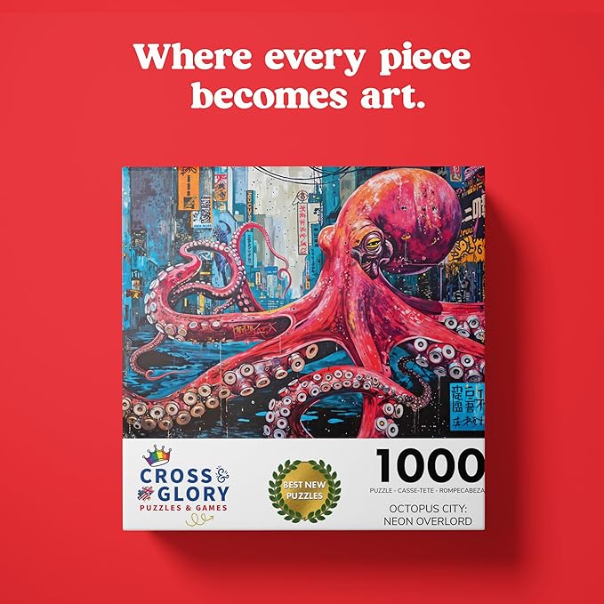 Cross & Glory - Octopus City: Neon Overlord - 1000 Piece Jigsaw Puzzle for Adults | Cyberpunk Artwork Puzzle | Best New Futuristic Puzzle | Unique Brain Teaser