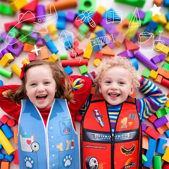 Haysandy 20 PCS Kids Dress Up Vest Community Helper Costumes Kids Role Play Career Cosplay Clothes for Toddlers Pretend and Play Halloween Costume Doctor Police Fireman Construction, Birthday Gifts