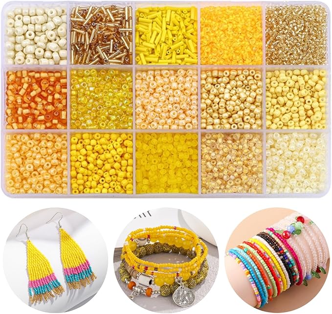 15 Color 4mm Small Assorted Glass Seed Beads,3mm Bugle Beads Friendship Bracelet Kit,2mm Tiny Tube Bead for Jewelry Making(Yellow)
