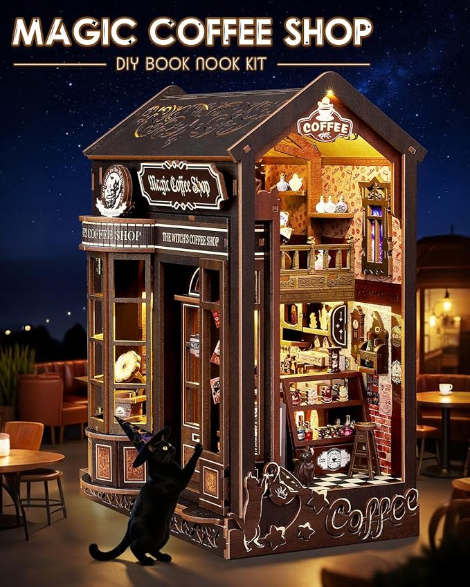 Book Nook Kit Magic Coffee Shop, DIY Miniature House with LED Lights, 3D Wooden Puzzle for Adults & Teens, Bookshelf Decor Craft Gift for Family & Friends