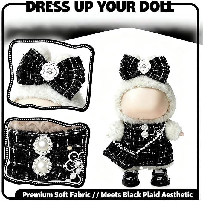 Clothes for LABUBU 17cm Doll (NO Doll)（NO Shoes, Outfit for LABUBU, Dress + Hairpin + Mini Bag Set for LABUBU Dress Up, Fashion and Premium Dolls Accessories for LABUBU (Style G)