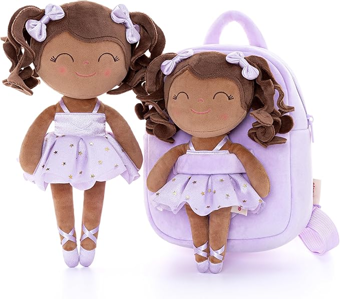 Gloveleya Baby Dolls Soft Snuggly Curly Hair Ballerina Doll First Baby Girl Gifts Plush Tanned Ballet Doll with Lace Mesh Dress Purple 14inches Ballerina Series