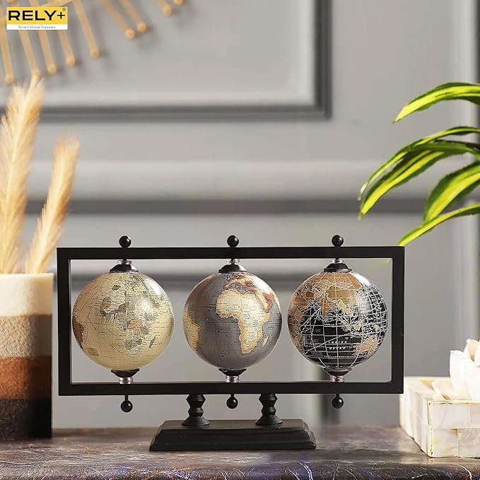 Rely+ Set of 3 4'' Earth Globe for Desk Elegant Office Decor World Globe Sturdy Metal Stand (NOT PLASTIC!) - Rotating Desktop Globes For Geographic Home Table Gift for Adult Decorative Book Shelf