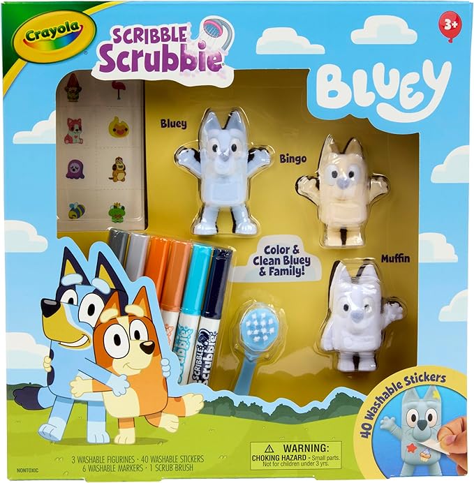 Crayola Scribble Scrubbies Deluxe Bluey Playset (3ct), Toddler Arts & Crafts Kit, Washable Stickers, Bluey Toys, Coloring Gift for Kids, Ages 3+