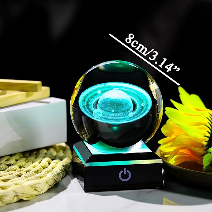 Qianwei 3D Saturn Crystal Ball Night Light Laser Engraved Glass Planet Sphere Gifts Crystal Solar System Saturn Model Decor Space Astronomy Gift for Kids