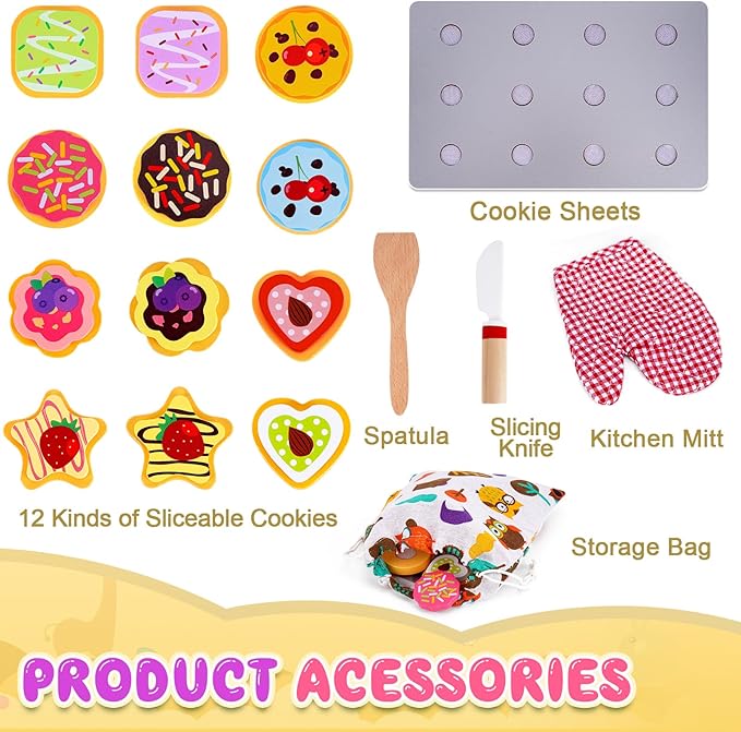 Slice and Bake Wooden Cookie Play Food Set for Kids Kitchen - Toy Food Accessories - Kids Pretend Cookies and Baking Sheet, Toy Baking Set for 3+ Year Old Boys Girls Birthday Gifts