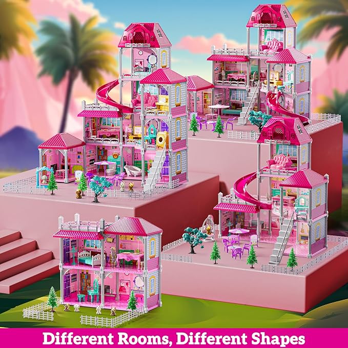 Villa Playset for Girls Ages 3-7, 4-Storey House with 10 Rooms, 2 Dolls, Furniture and Accessories, Indoor Playset Girls Toys for Ages 6-8, Pretend Toddler Toys, Birthday Gifts for Kids 4-8
