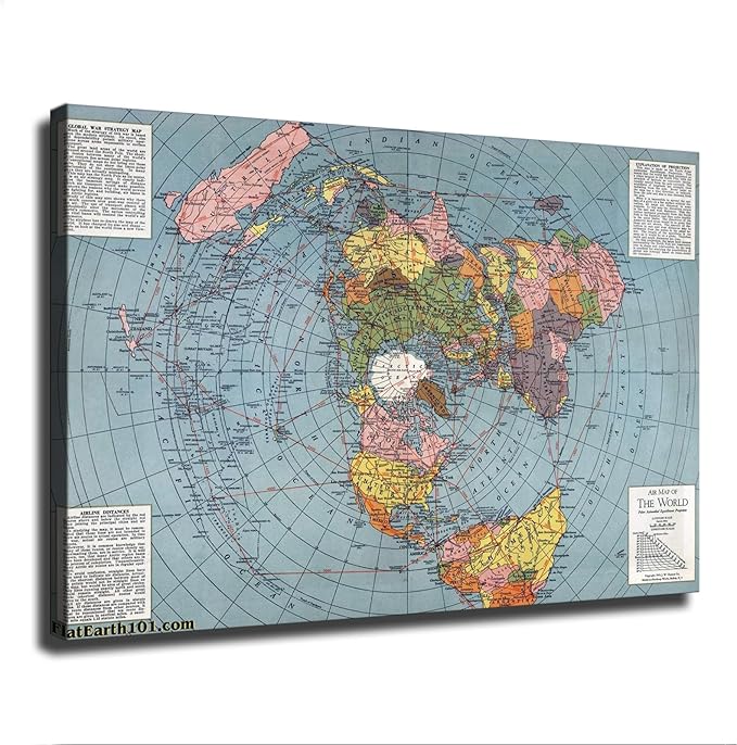 Flat Earth Map of The World Model - 1943 Polar Azimuthal Equidistant Projection Map Art Poster Room Aesthetic Wall Art Canvas Decoration Home Decor Gifts (20×30inch Unframed)