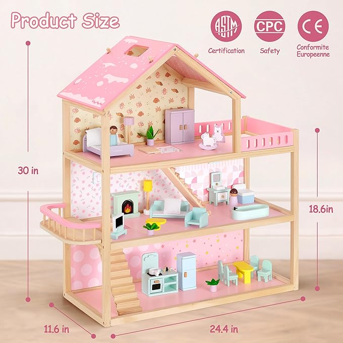 Large Wooden Dollhouse, 3-Story Doll House with 38-Pcs Furniture & Accessories, Open-Concept Floors, Balcony, Flip-Over Snow Roof, Pretend Play Doll House Gift for Kids Ages 3+