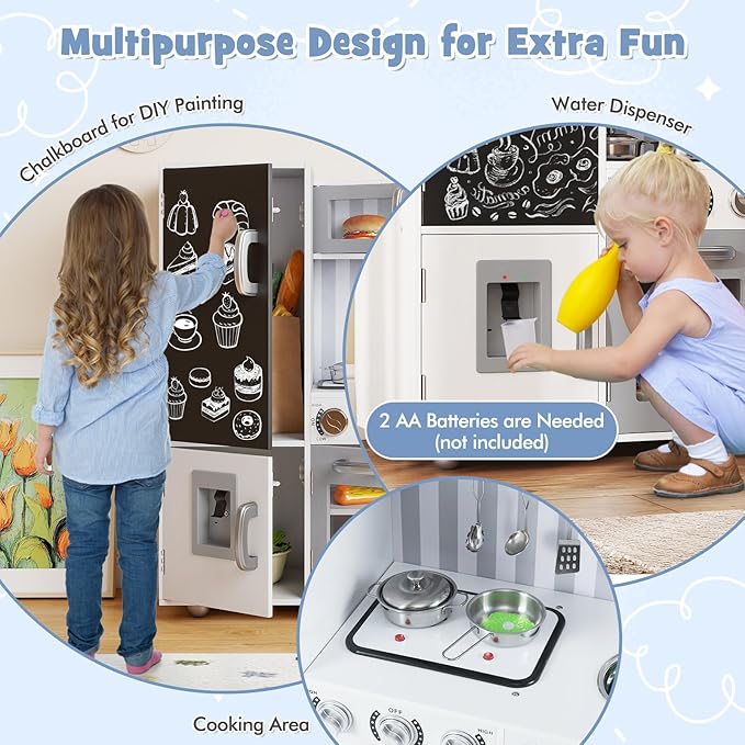HONEY JOY Kids Kitchen Playset, Wooden Little Chef Pretend Play Kitchen Set w/Chalkboard & Water Dispenser, Lighted Stove, Storage Cabinet, Utensils, Play Kitchen for Toddlers, White + Silver