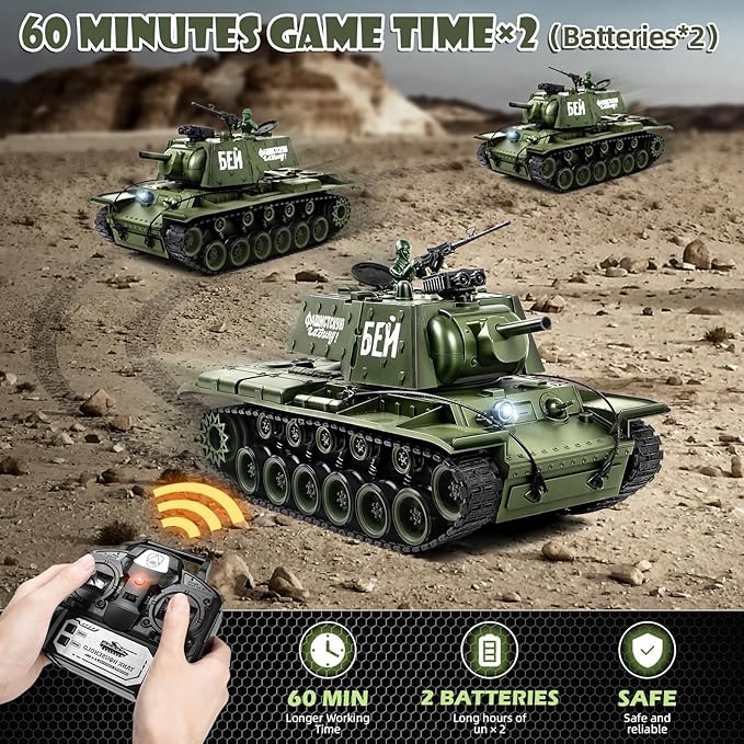 1:18 RC Tank, 2.4Ghz Soviet Union KV1 Remote Control Tank Model Toys, 15 Channel Battle Army Toy with Smoke, Light and Sound, Military RC Vehicle for Adult and Kid that Shoot BBS and Water Bomb