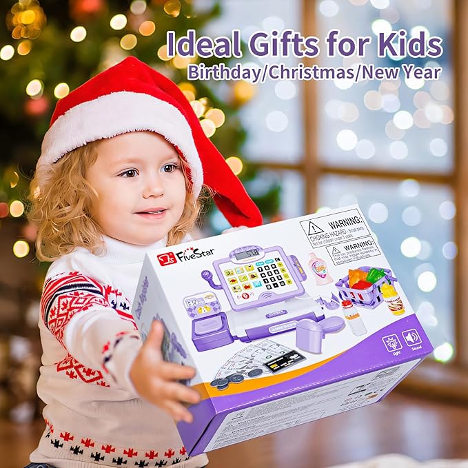 FS Pretend Play Calculator Cash Register Toy as Preschool Gift for Kids, Classic Count Toy with Sound, Microphone, Scanner, Pretend Credit Card, Play Food for Boys & Girls,45 Pieces, Ages 3 4 5 6 7