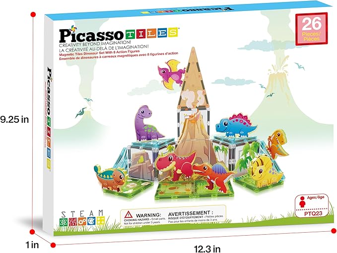 PicassoTiles Magnet Tile Building Blocks Dinosaur World Themed Playset with 8 Animal Character Action Figures Magnetic Tiles STEM Learning Pretend Play Toy Construction Set Boys Girls Ages 3+ PTQ23