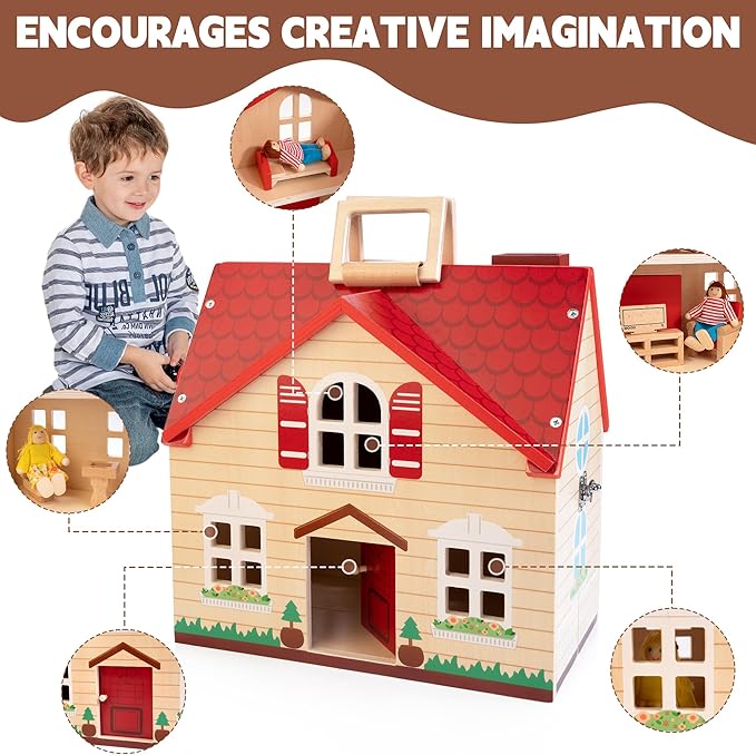 Foldable Wooden Dollhouse with 13pcs Furniture, 4 Rooms and 2 Flexible Dolls, Pretend Play House Set with Portable Handle, Christmas Birthday Gift for Boys Girls Kids Age 3+
