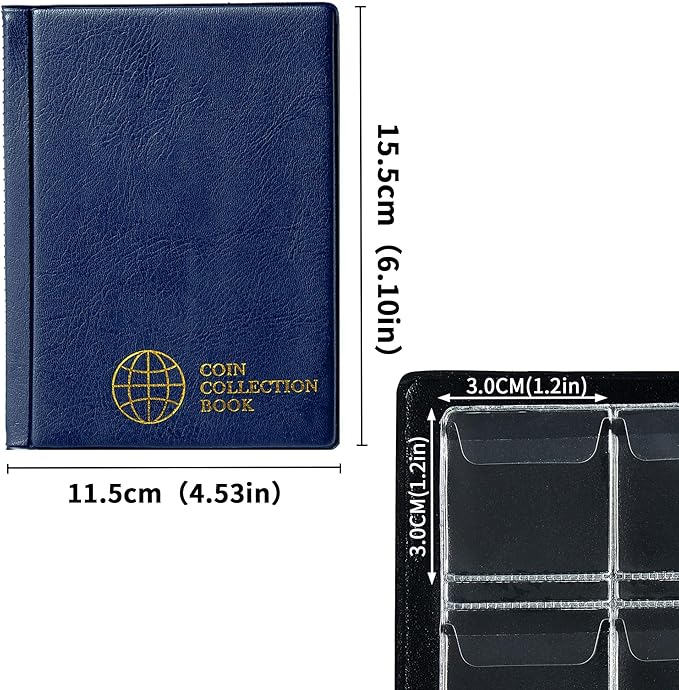 Coin Collection Album 120 Pockets - 3x3cm/1.2x1.2 inch Coin Holder Book Coin Storage Album Money Penny Pocket for Collectors Blue CS0112BL