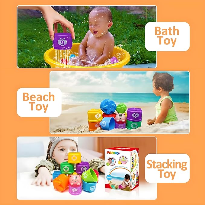 MOONTOY Stacking Cups Baby Toys 6 10 12 18 Months, Montessori Toys for 1 Year Old Toddler Learning Toy with Numbers Shapes Patterns, Baby Bath Toy 6-12 Months, Gifts for 1 2 3 Year Old Boys Girls