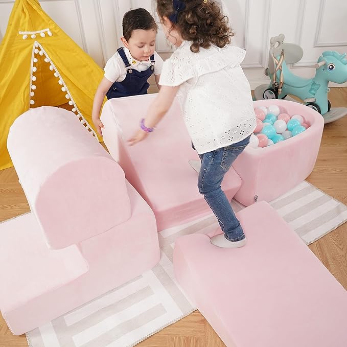 Foam Climbing Blocks for Toddlers & Babies – 5-Piece Soft Playset with High-Density Memory Foam & Velvet Cover – Indoor Climb and Crawl Activity Play Set for Motor Skills Imaginative Active Fun - Pink