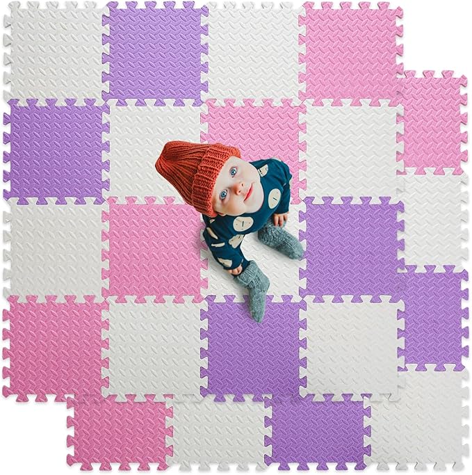 Foam Floor Mats for Kids, 12 x 12 Inch 16 Tiles 0.4" Thickness Foam Play Mat, Non-Toxic Square Interlocking Floor Mats Rubber Baby Play Mat for Toddlers(White/Pink/Purple)