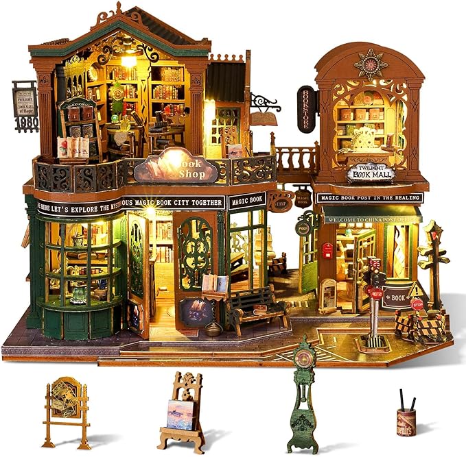 Miniature House Kit Bookstore, DIY Mini House Building Kit, Miniature Kit for Adults with Furniture and LEDs, Great Gift for Teens and Christmas Decor (Twilight Book City)