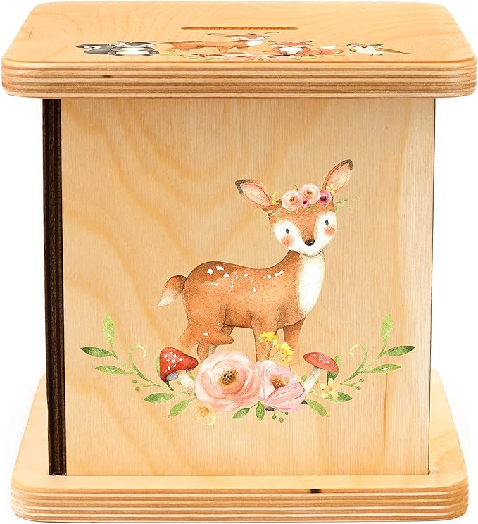 Wooden Piggy Bank for Kids and Adults, Personalized Gift Handmade in USA by BloomOwl, Custom Piggy Bank, Personalized Banks for Kids, Gifts for Baby Boys and Girls (Woodland- Girl)