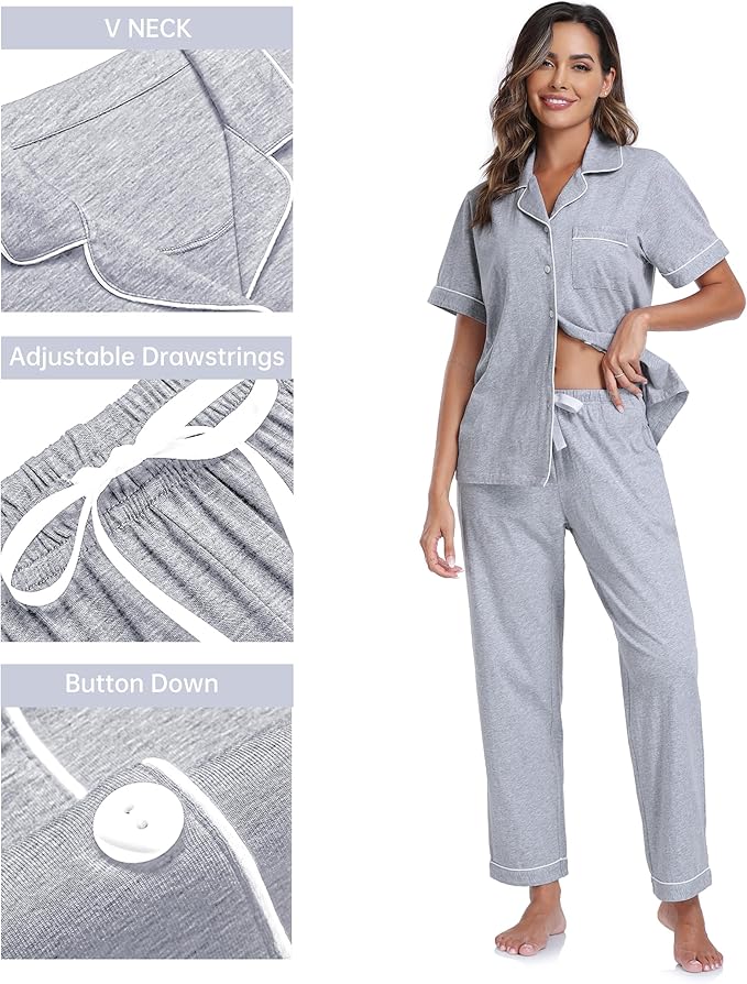 CF Womens 100% Cotton Pajamas Set Button Down Pjs Sets Short Sleeve Top & Long Pants Sleepwear Comfy Loungewear with Pockets