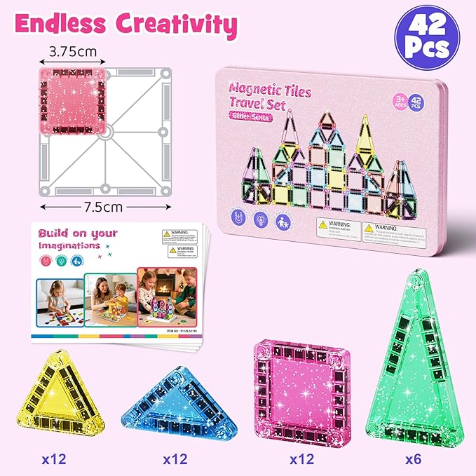 42-Piece Glitter Magnetic Tiles Travel Set with Pink Metal Box - Portable STEM Building Blocks for Kids Ages 3-8 Boys & Girls STEM Montessori Educational Toys for Airplane Car Rides