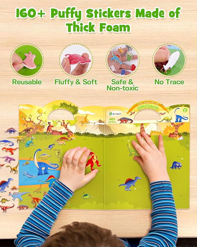 D-FantiX 3D Puffy Stickers for Kids Ages 4-8, Reusable Sticker Books for Toddlers 2-4 Years, Farm Dinosaur Ocean Safari, Car Road Trip Activities, Airplane Travel Toys, Birthday Gifts for Boys Girls