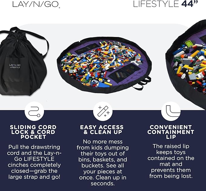 Lay-n-Go 2-in-1 Small Portable Drawstring Toys Storage Organizer and Play Mat for Room and Travel, Made for Kids and Toddlers with a Durable Patented Design