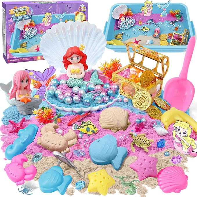 G.C Sensory Bin for Girl Kid Toy, Play Sand Art Kit 108pcs with Sandbox, 2lb Color Sand, 6 Castle Molds, Tactile Sensory Toy Christmas Birthday Gift for Girl Toddler Ages 3 4 5 6 7 8 (Mermaid)