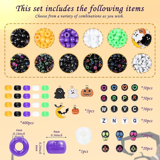 XIANNVXI 10Colours Halloween Pony Letter Beads Set Friendship Bracelet Making Kit 640pcs Orange Purple Green White Letter Pony Beads Bulk