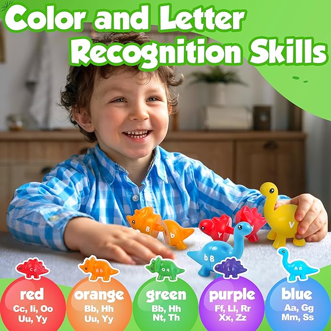 Bambibo Dinosaur Alphabet Learning Toys - 52pc in Storage Box | 26 Double Sided Dino Matching Toys | Preschool Dinosaur Letter Matching Toy for Toddlers 3-5
