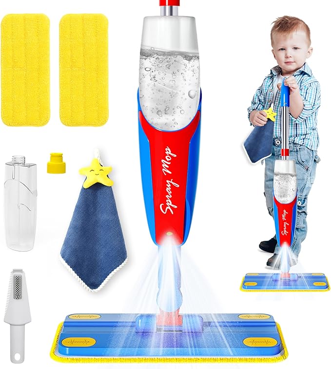 Kids Mop Cleaning Set Actually Cleans, Mini Toddler Size Kids Spray Mop Really Works, Detachable Small Mop Interactive Kid Pretend Play Toys Gift for Boys Girls