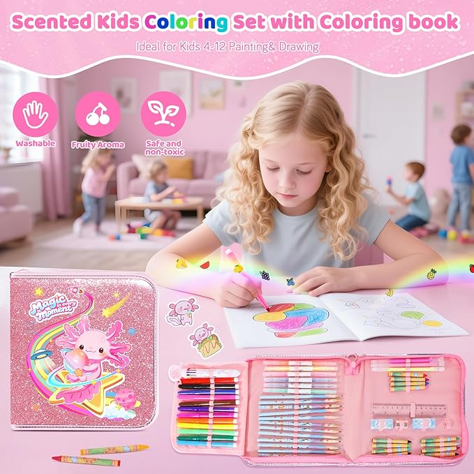 72PCS Fruit Scented Markers Set - Art Coloring Drawing Kits for Kids with Axolotl Pencil Case, Art Supplies for Kids Ages 4 6 8,Stationary Set Pencil,Crayon&Markers Stuff,Birthday Gifts Toys for Girls