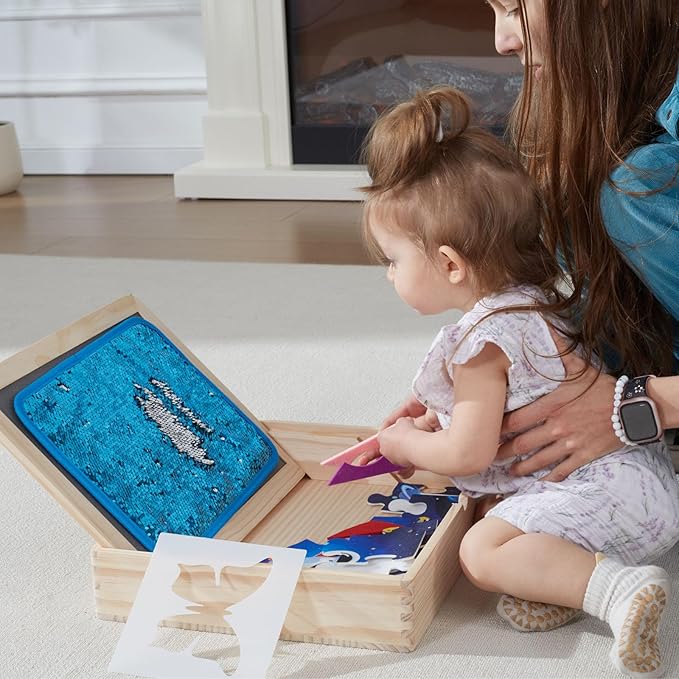 4-in-1 Wooden Sensory Toys with Storage Box, Activity Board for Children with Autism, Double Side Playing Board, Sensory Sequin Flip Panel, Educational Puzzles for Kids, Calm Down Corner