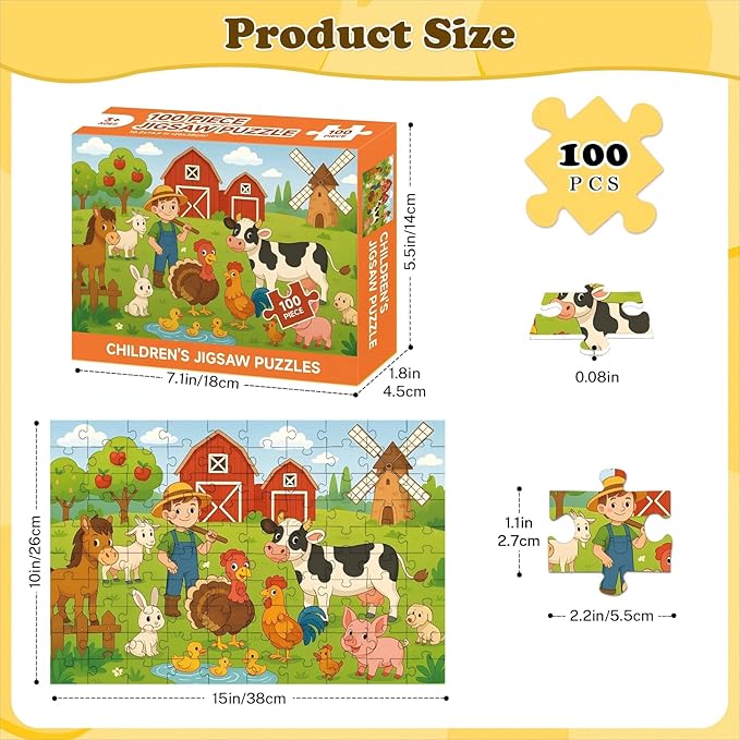 4-Pack 100 Piece Puzzles for Kids Ages 4-6 6-8 8-10, Farms Dinosaurs Seaworld Wildlife Kids Puzzles Ages 3-5 4-6 5-8 8-10, Learning Educational Kid Jigsaw Puzzles Toys for Girls and Boys (15x10 in)