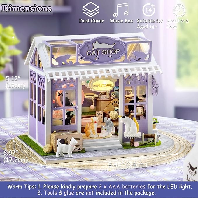 TuKIIE DIY Miniature House Kit with Furniture, 1:24 Scale Creative Room Mini Wooden Dollhouse Book Nook Plus Dust Proof & Music Movement for Kids Teens Adults(Cat Shop)